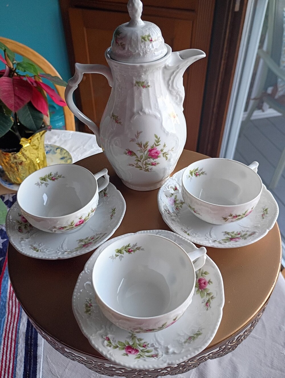 Rosenthale Sanssouci-Continental Rose, Coffee Pot With Lid With 3 Cups & Saucers